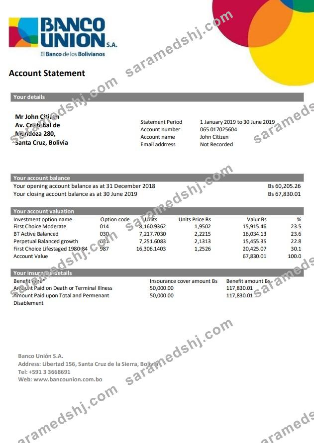 Bolivia Banco Union bank statement